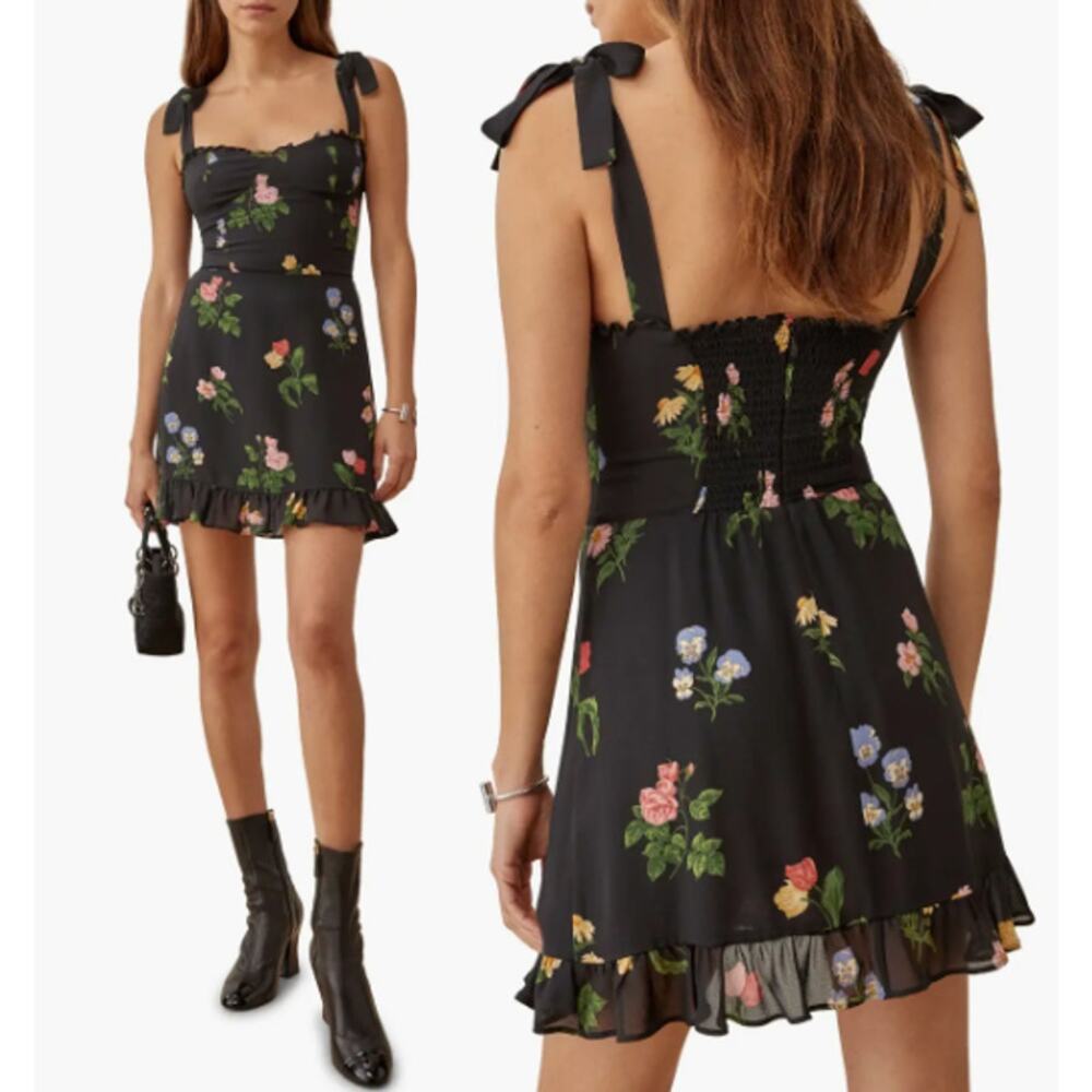 NWOT Reformation Christine Minidress Floral Sweetheart Neck Ruffle Trim Black 10